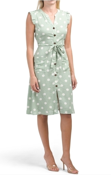 MONTEAU Tie waist Button Polka Dot Green Midi Dress - Picture 1 of 5